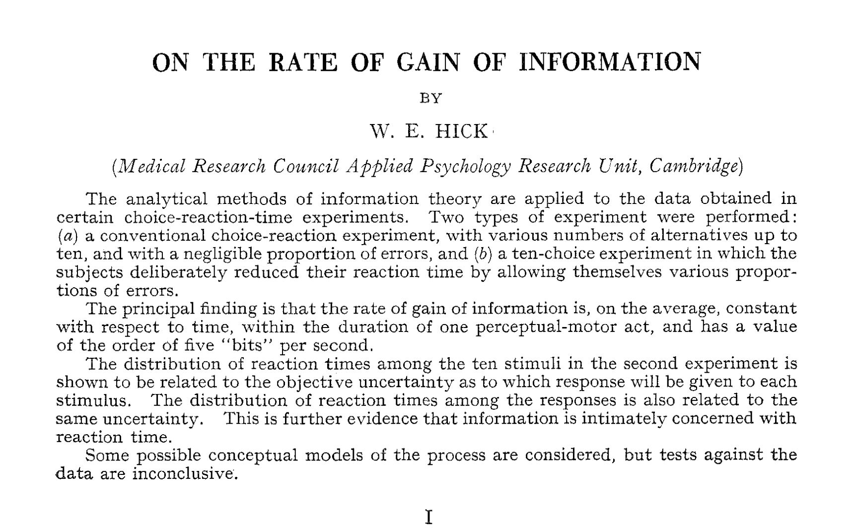 Hick's Law  paper screenshot